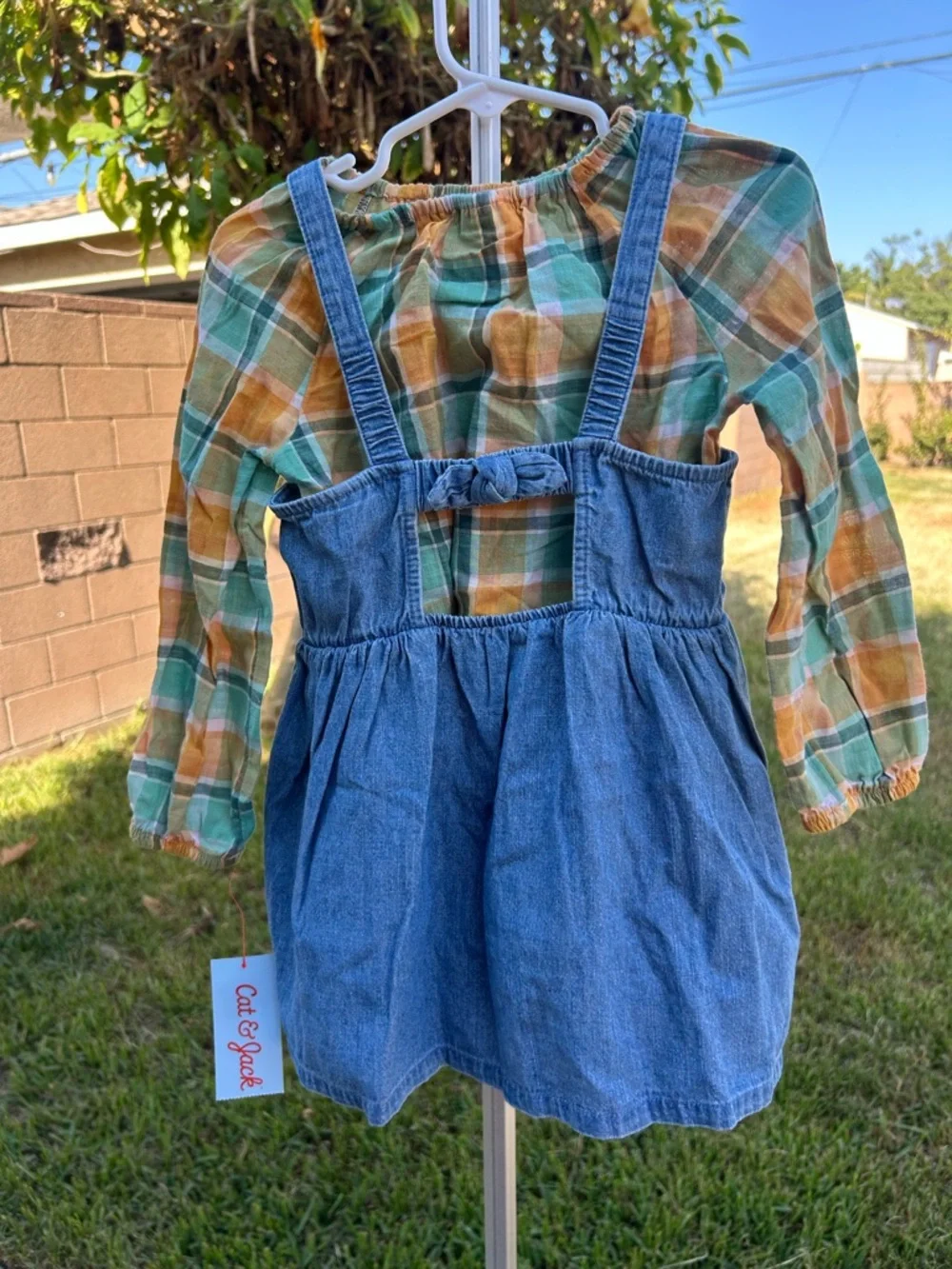 Cat & Jack Blue Denim Pinafore with Green & Orange Plaid Top